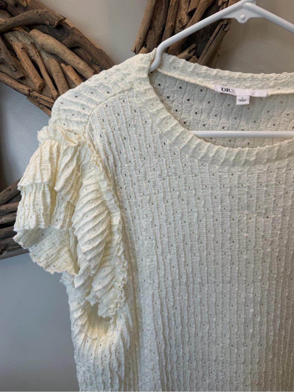 DR2 Cream Eyelet Textured Ruffle Sleeve Top